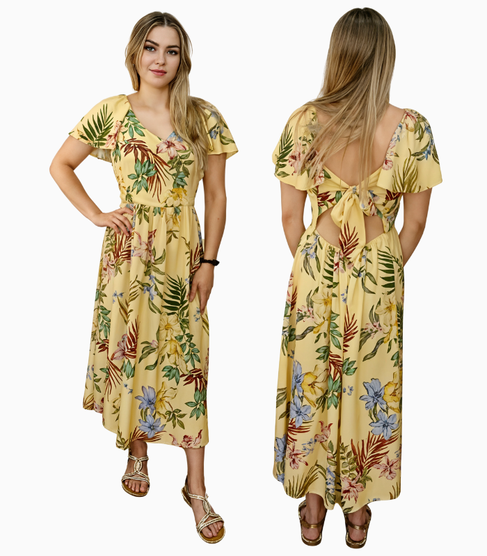 Wykrój PDF na sukienkę FLORENCJA z dekoltem w serek, krótkim rękawem i wiązaniem z tyłu – uszyta z lekkiej, kolorowej wiskozy